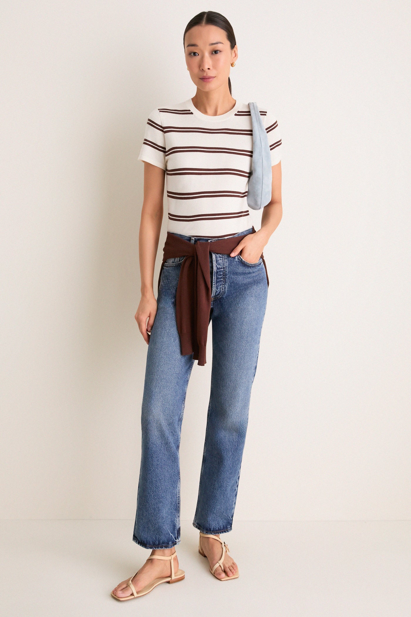 Ivory and Mocha Stripe Cashmere Silk Katie Tee