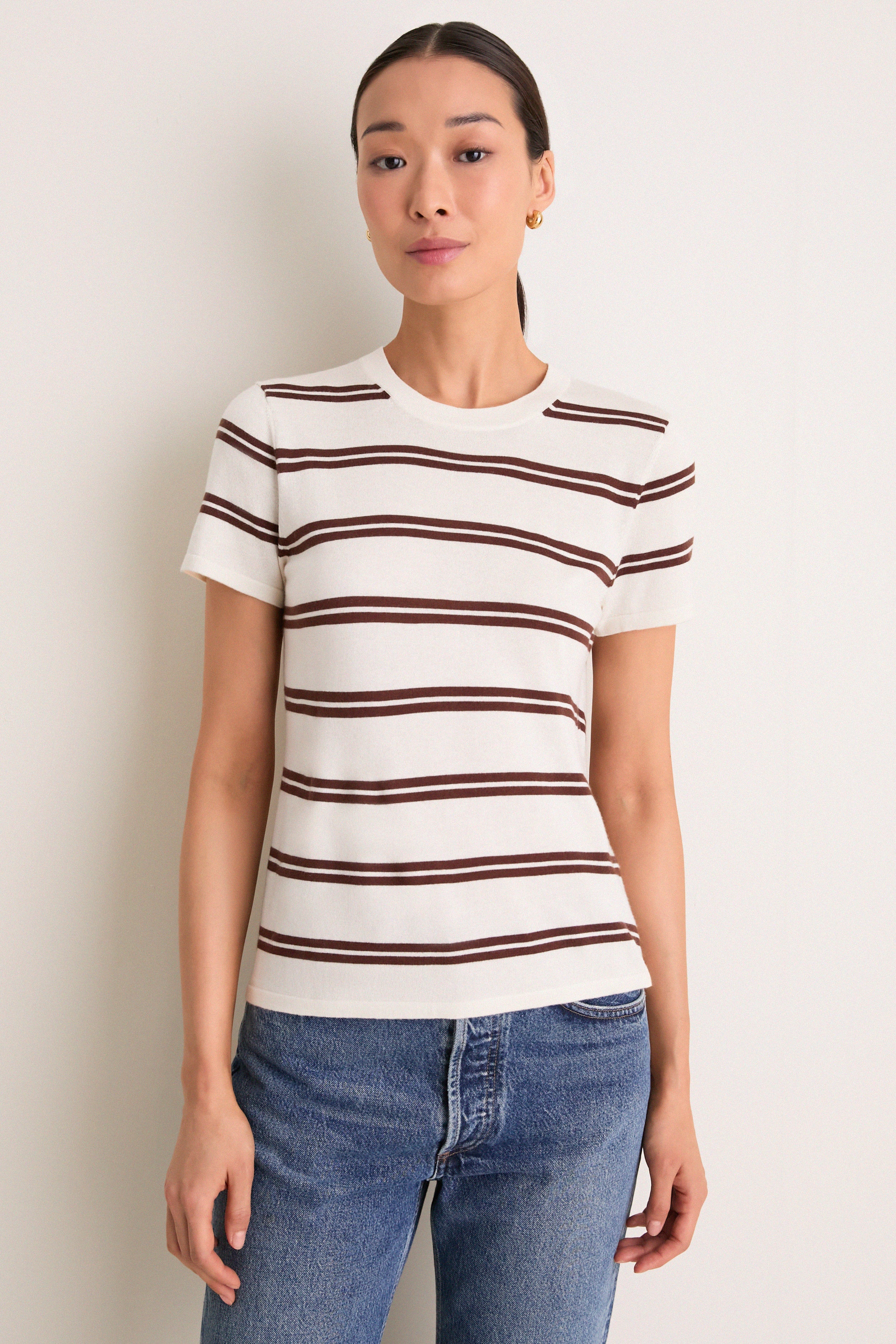 Ivory and Mocha Stripe Cashmere Silk Katie Tee
