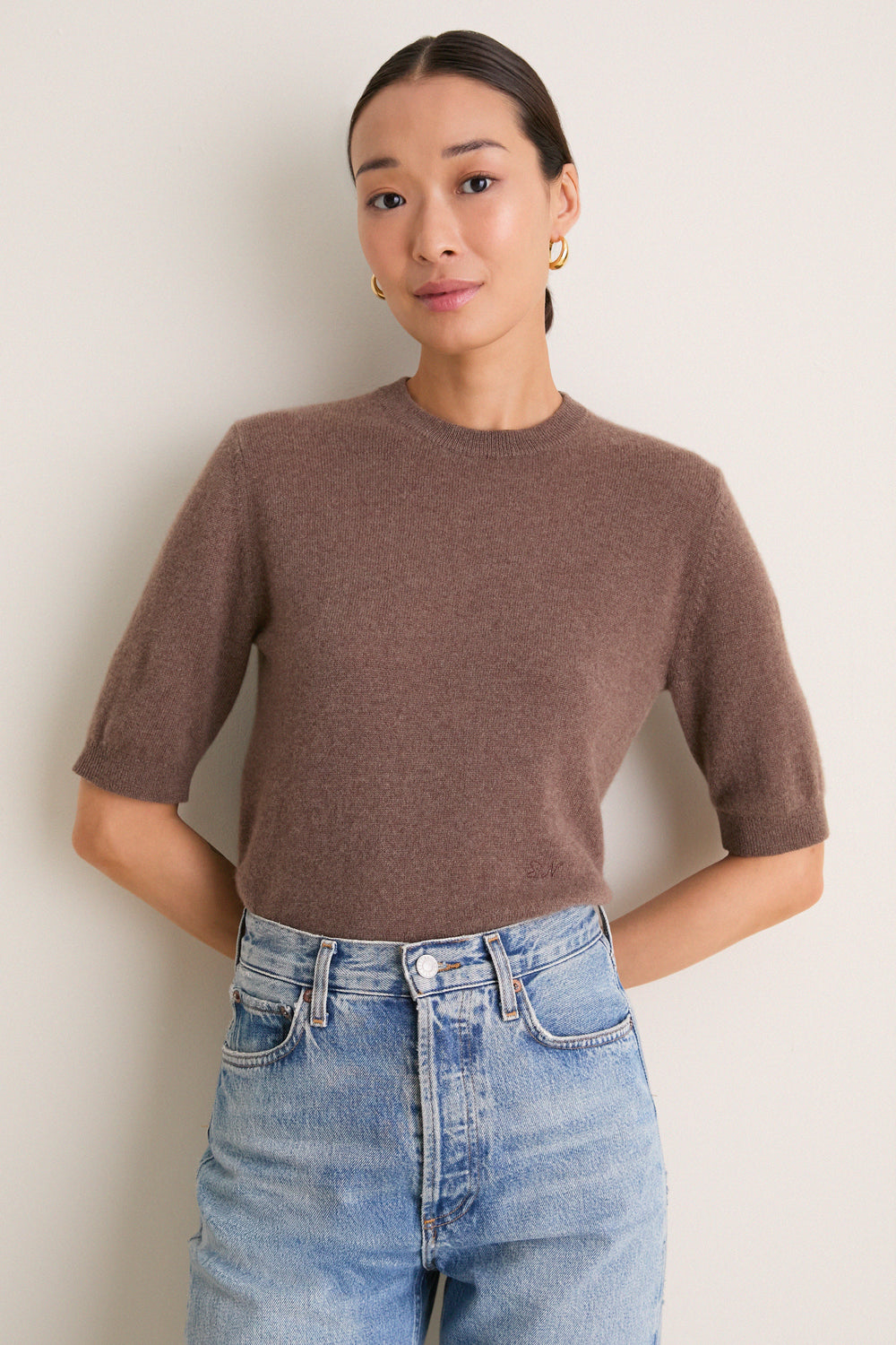Mocha Cashmere Short Sleeve Noemie Sweater