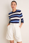 Navy Blue Striped Cashmere Silk Long Sleeve Katie Tee