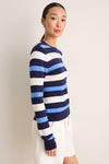 Navy Blue Striped Cashmere Silk Long Sleeve Katie Tee