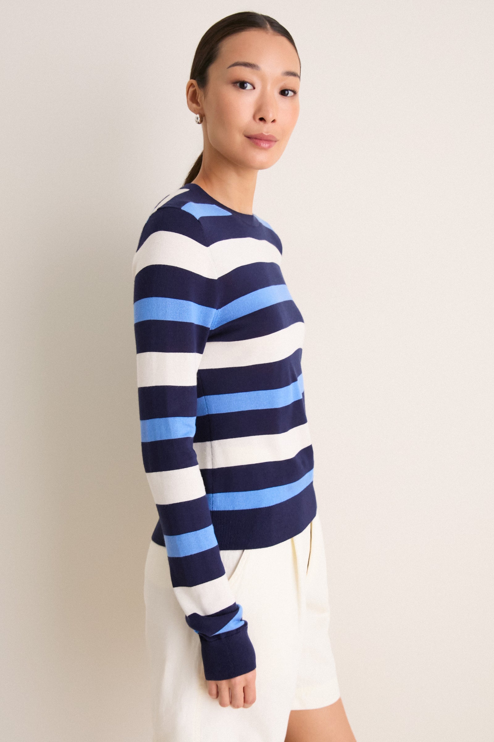 Navy Blue Striped Cashmere Silk Long Sleeve Katie Tee