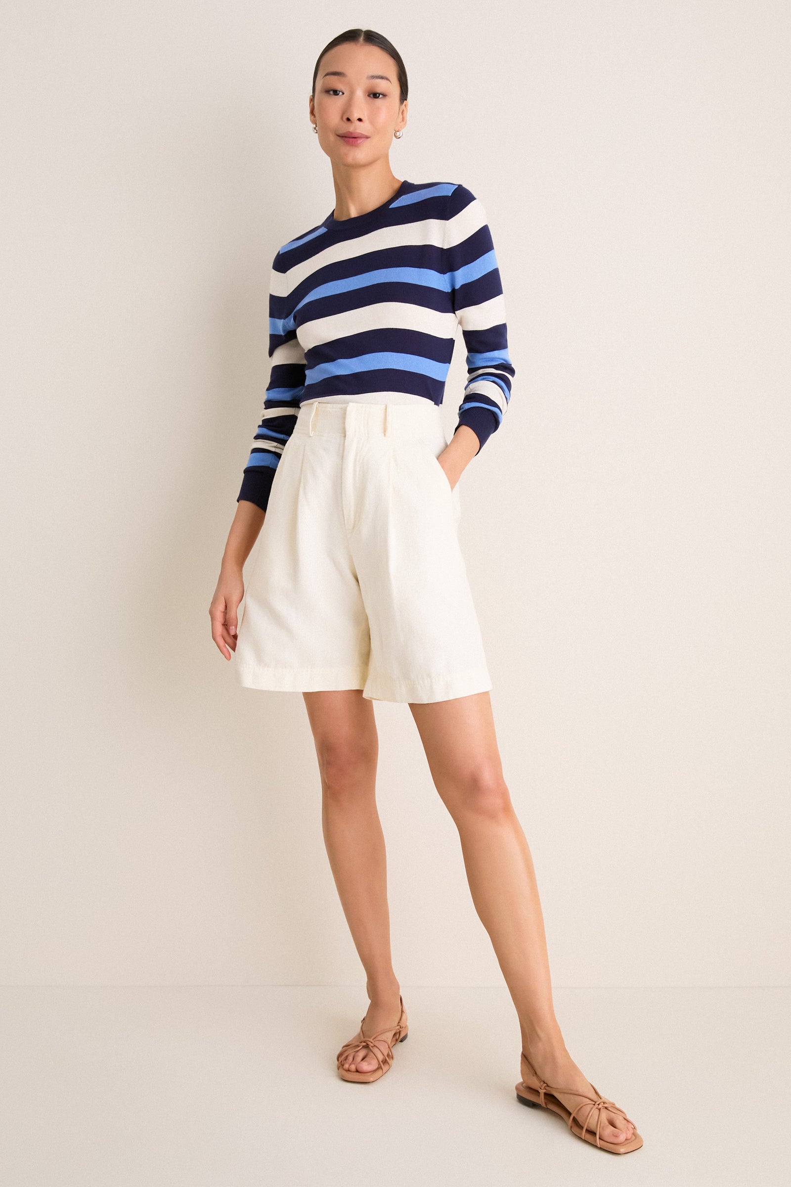 Navy Blue Striped Cashmere Silk Long Sleeve Katie Tee