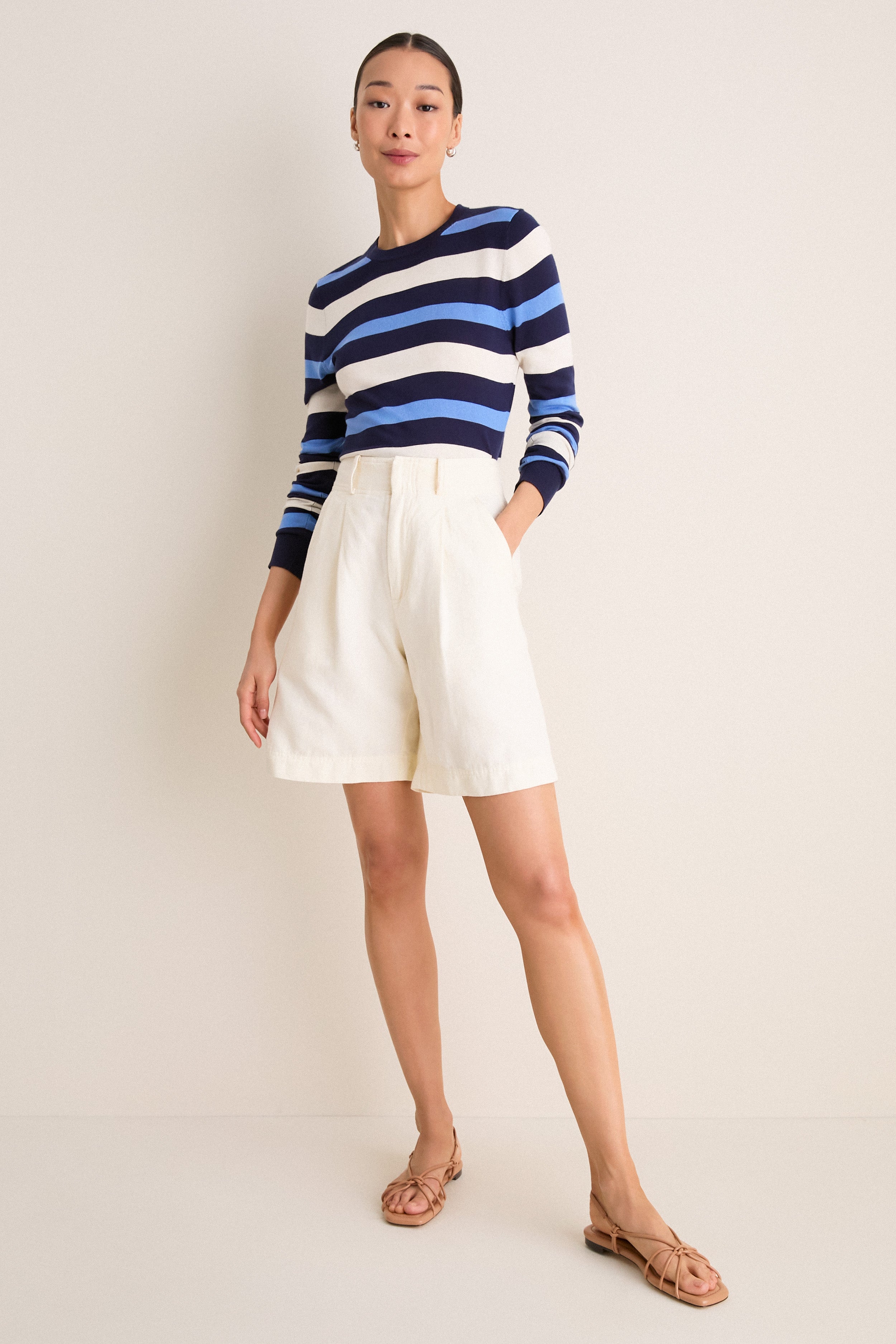 Navy Blue Striped Cashmere Silk Long Sleeve Katie Tee