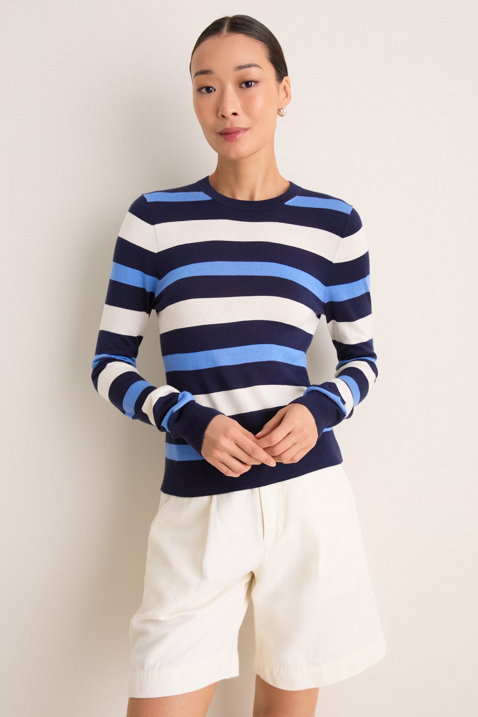 Navy Blue Striped Cashmere Silk Long Sleeve Katie Tee