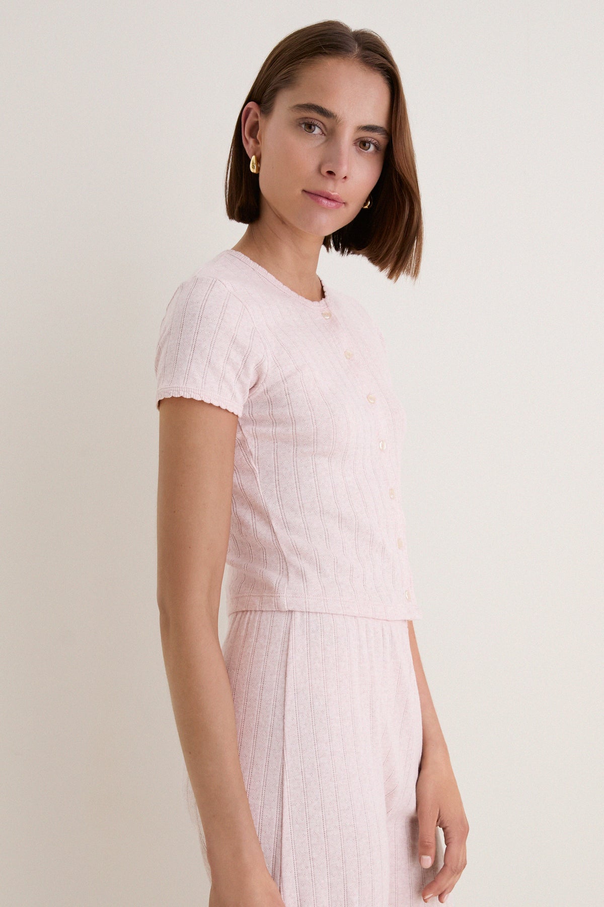 LESET Petal Melange Pointelle Short Sleeve Cardigan Petal Melange / S