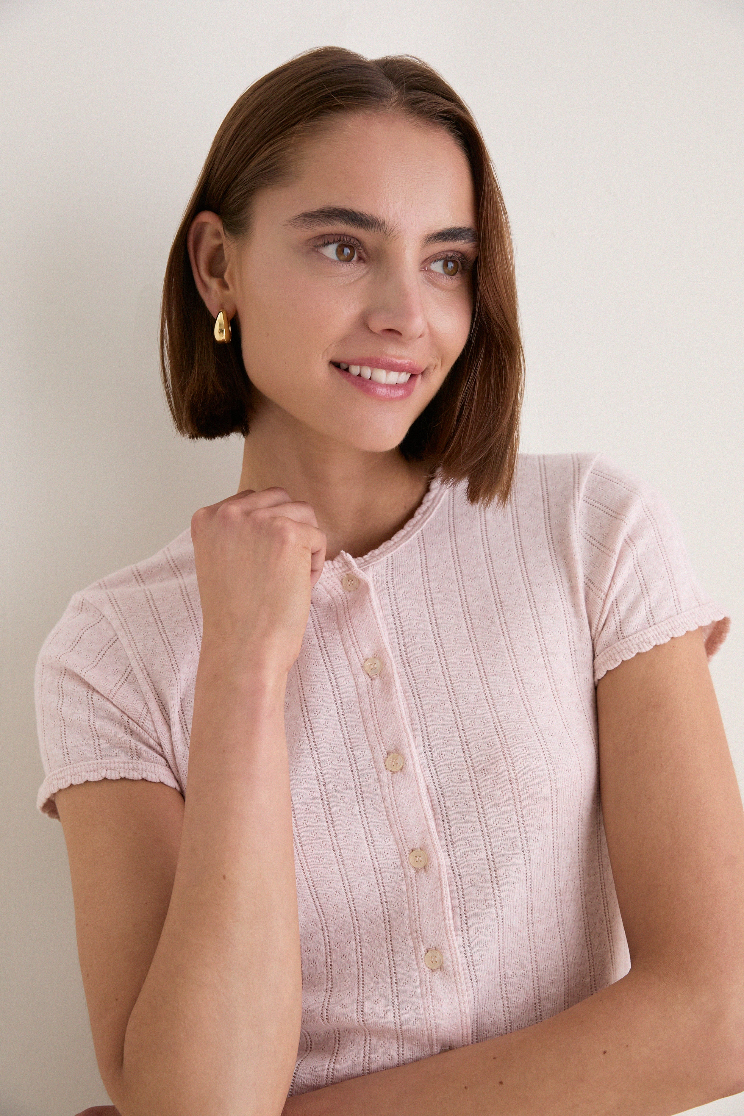 Petal Melange Pointelle Short Sleeve Cardigan