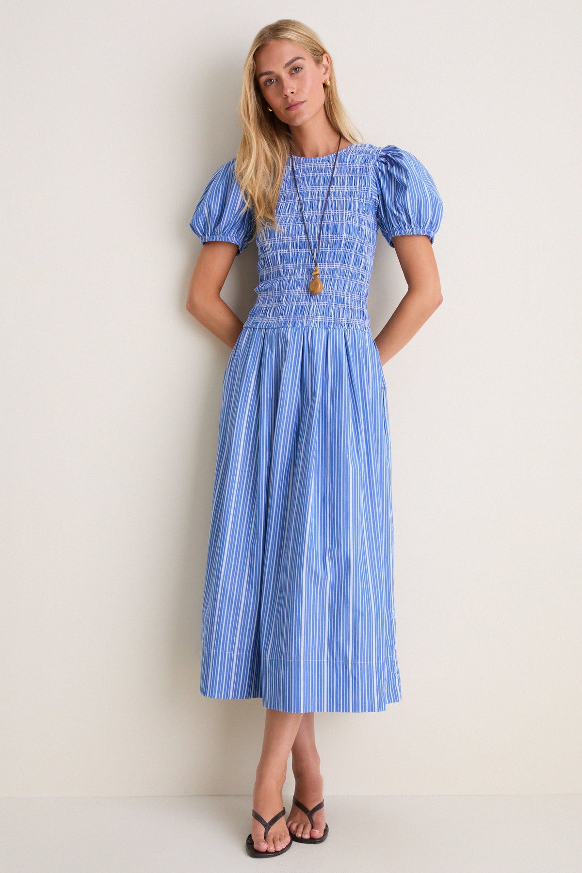 Nouvean Navy Striped Cotton Long Smocked Pleated Dress