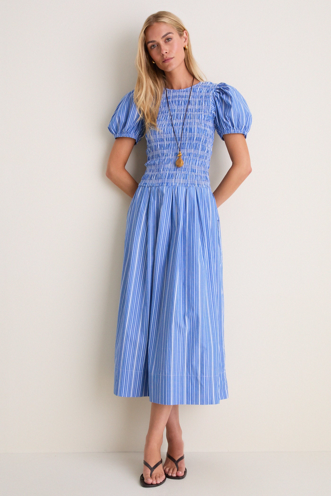Nouvean Navy Striped Cotton Long Smocked Pleated Dress