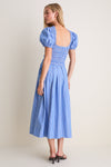 Nouvean Navy Striped Cotton Long Smocked Pleated Dress