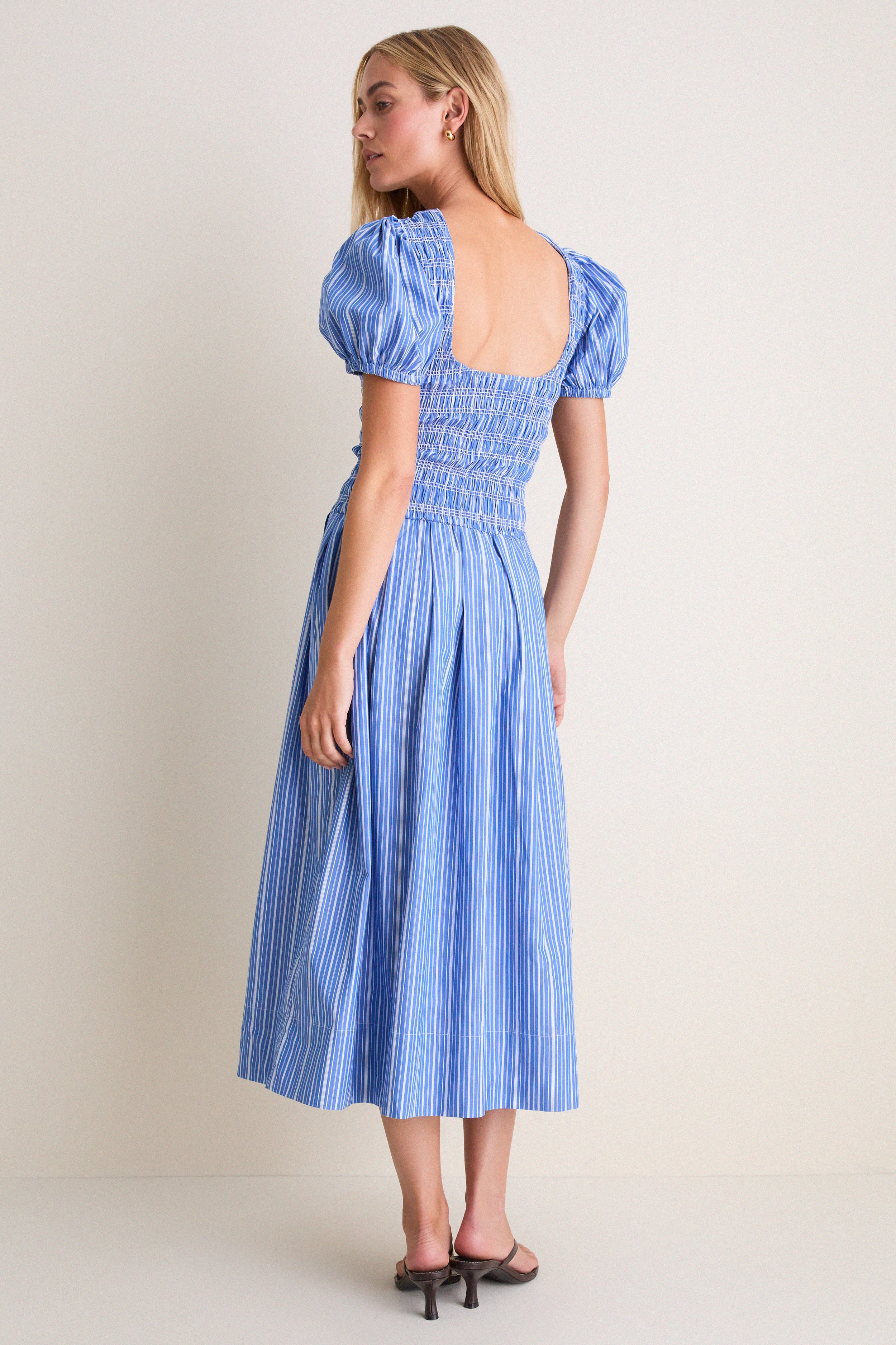 Nouvean Navy Striped Cotton Long Smocked Pleated Dress