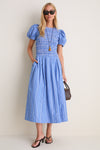 Nouvean Navy Striped Cotton Long Smocked Pleated Dress