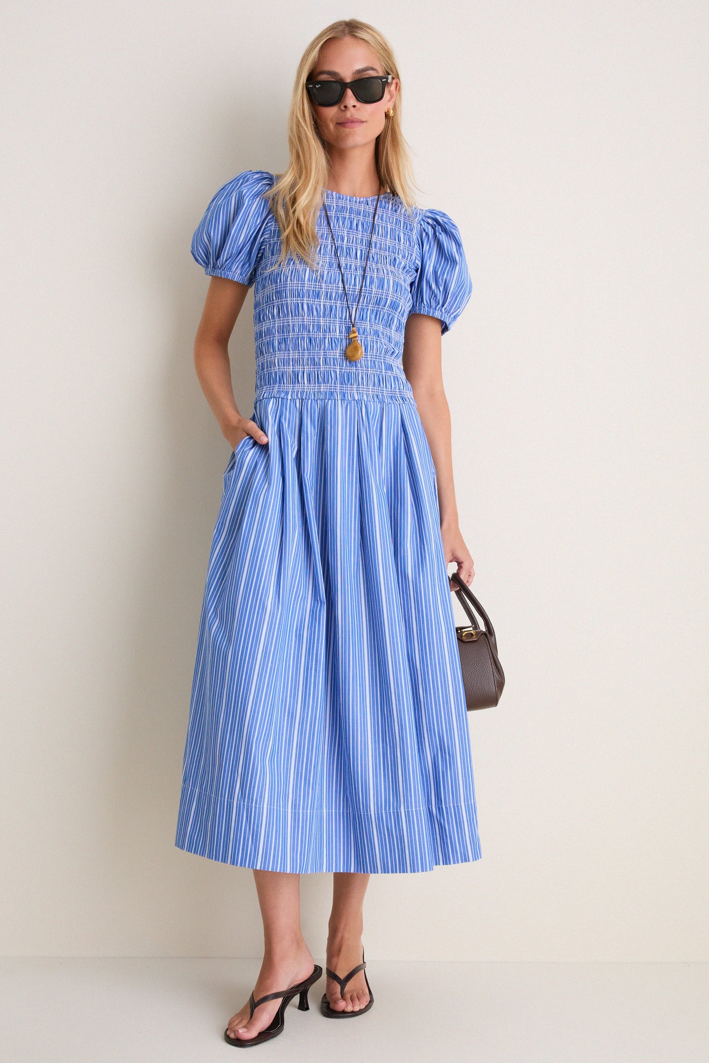 Nouvean Navy Striped Cotton Long Smocked Pleated Dress