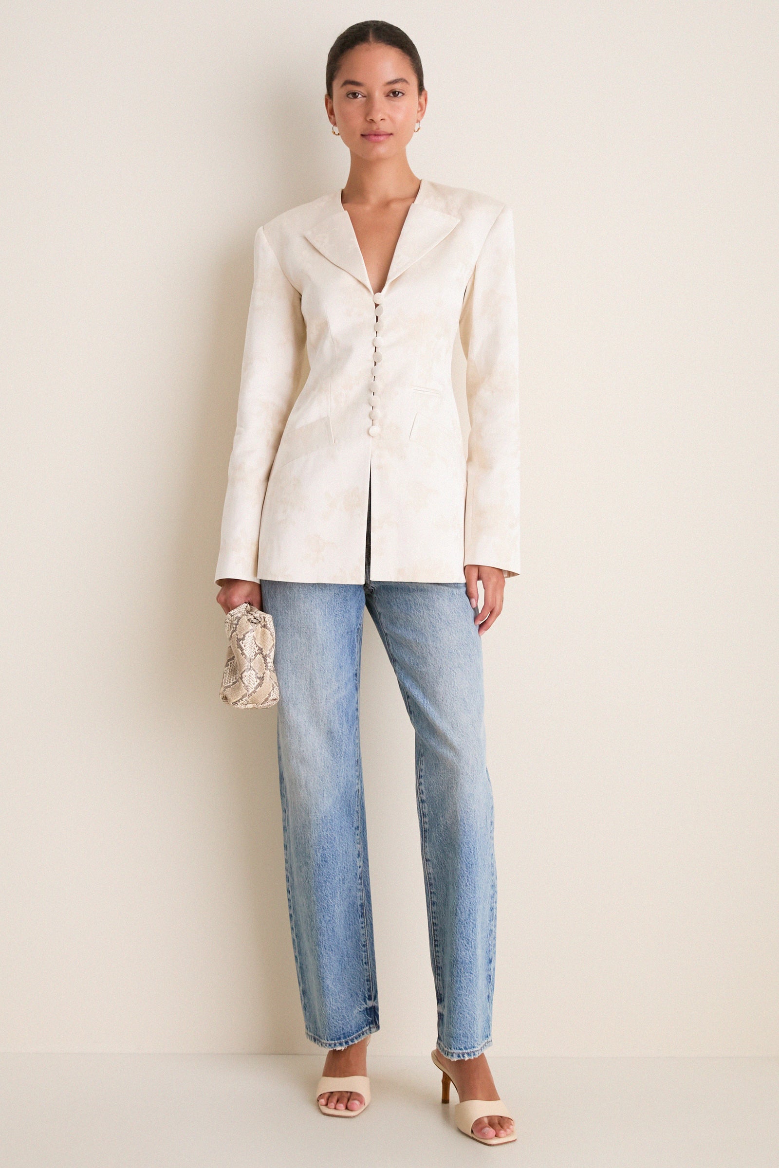 Egret Sateen Jacquard Long Button Blazer