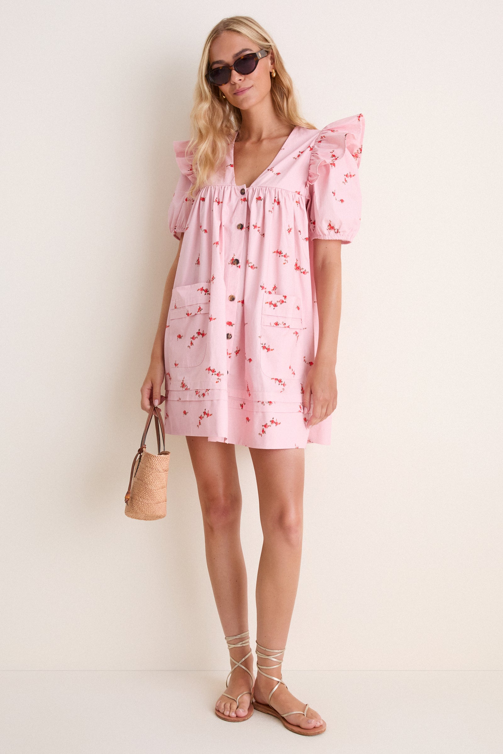 Silver Pink Printed Stretch Cotton Angel Mini Dress
