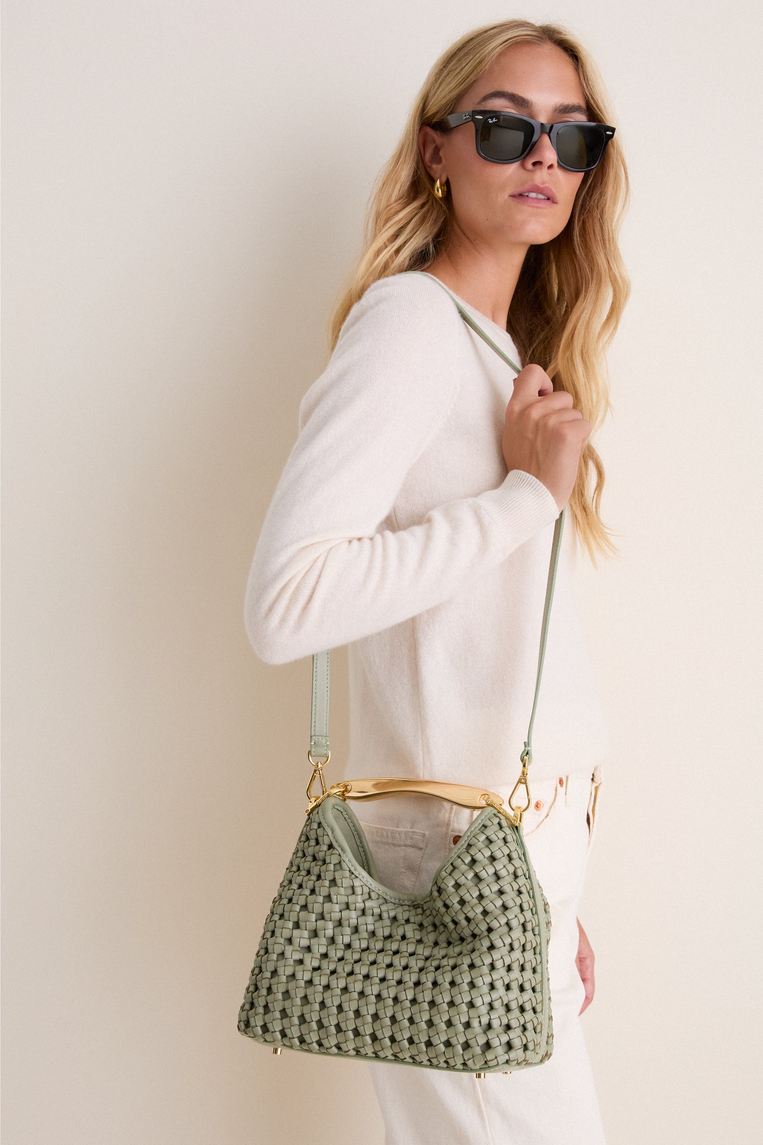 Dusty Green Small Woven Leather Boomerang Bag | Elleme