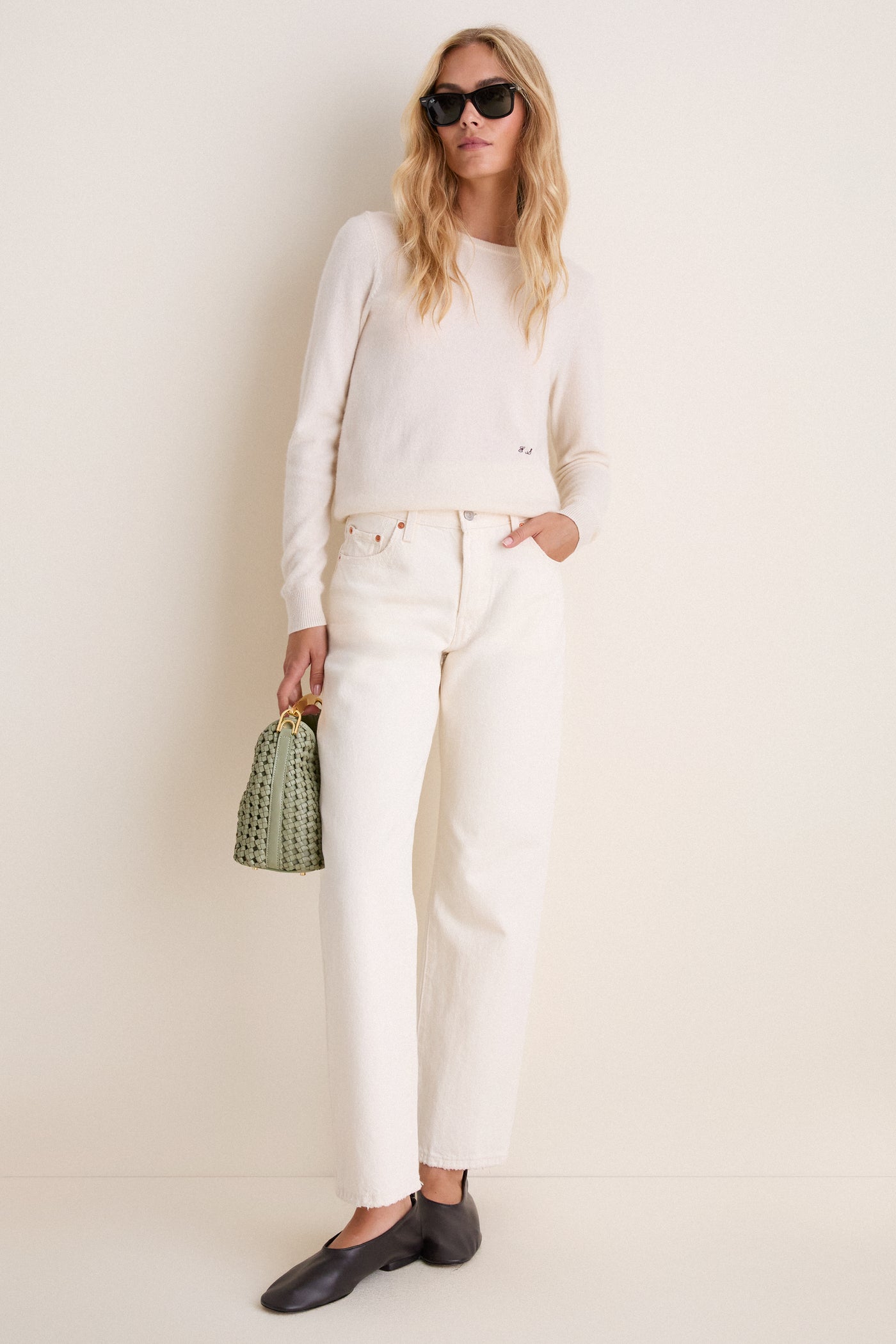 Dusty Green Small Woven Leather Boomerang Bag