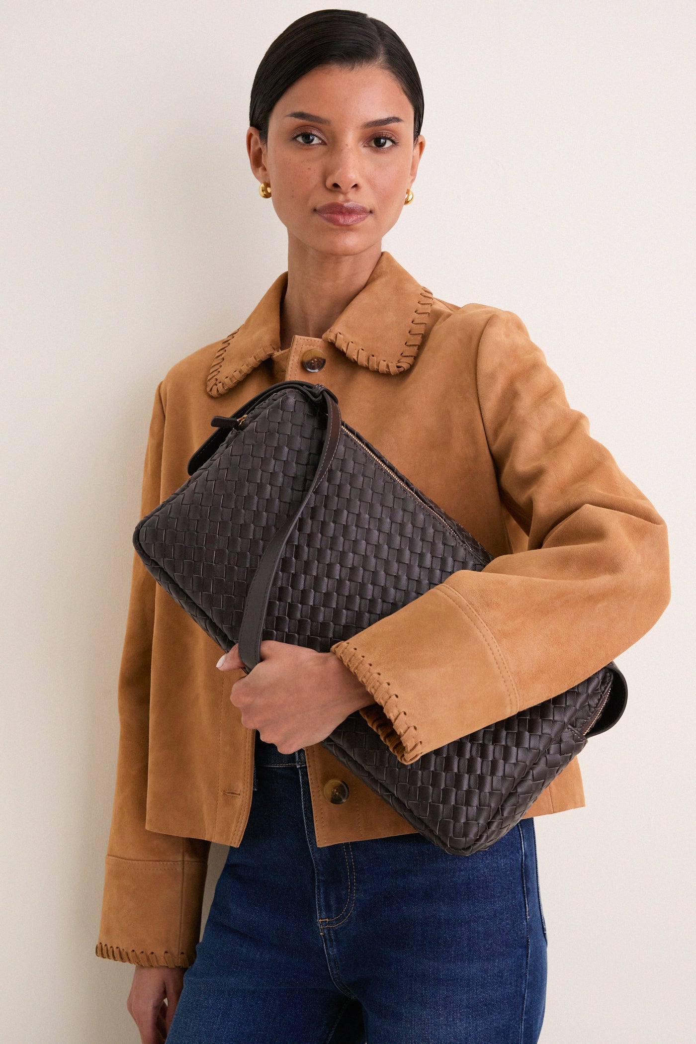 Dark Brown Large Woven Leather Trousse Bag