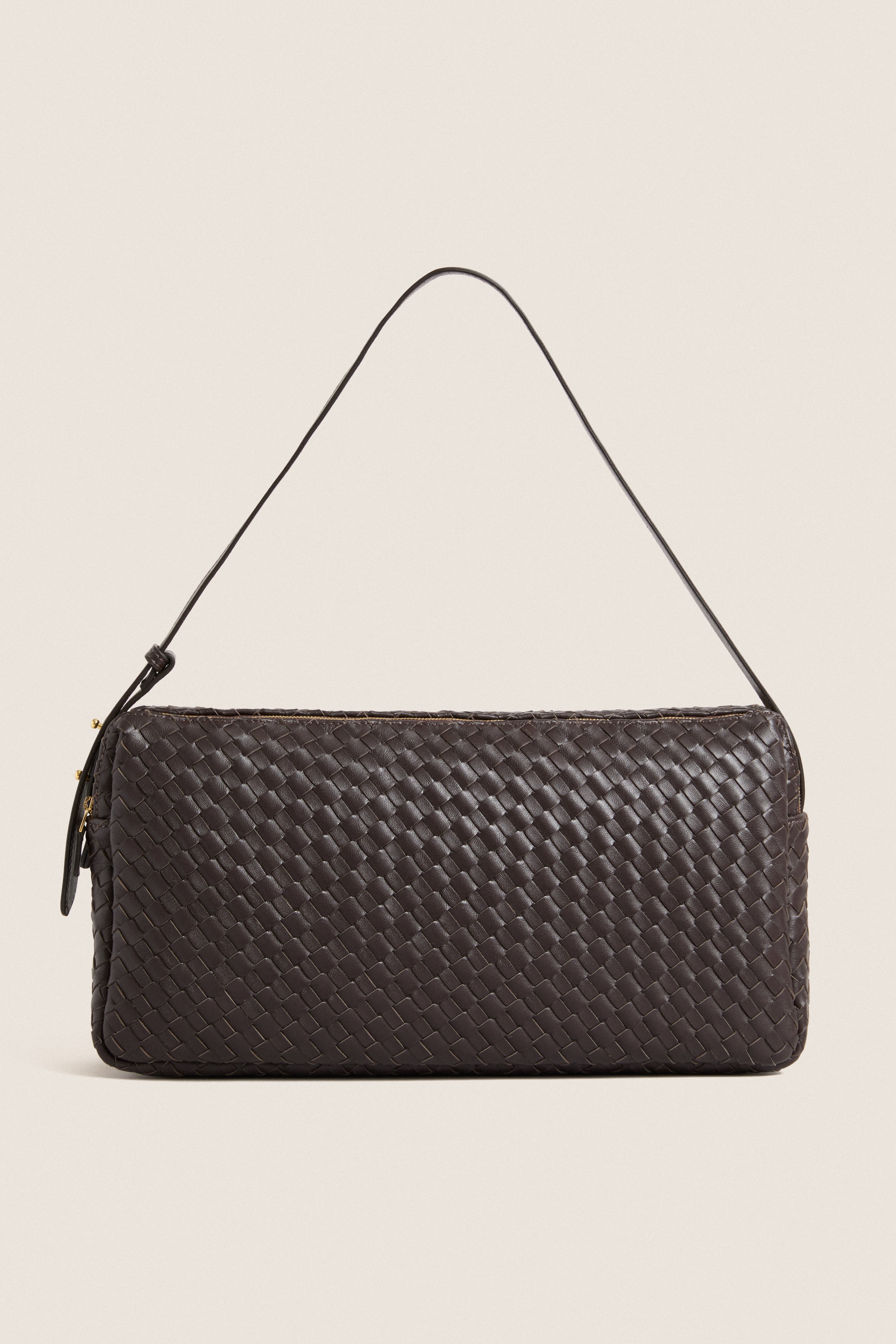 Dark Brown Large Woven Leather Trousse Bag | Elleme