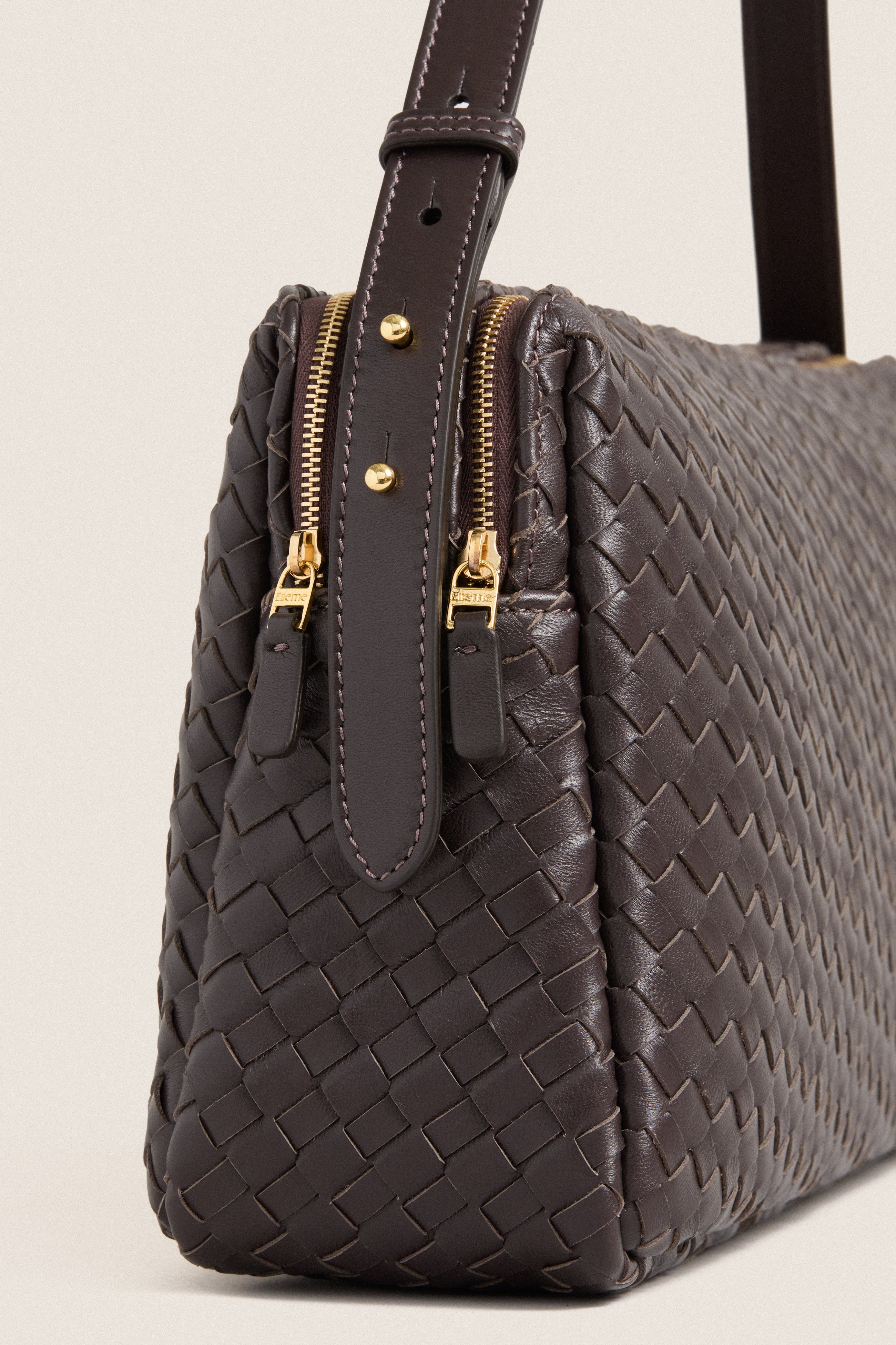 Dark Brown Large Woven Leather Trousse Bag