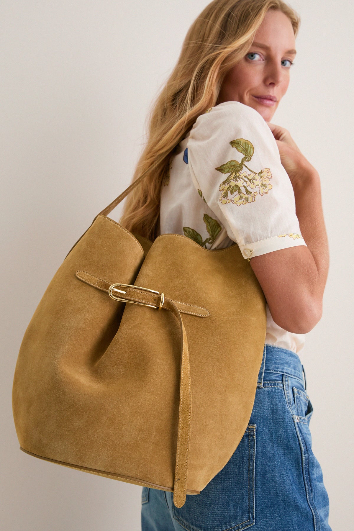 Sand Large Belted Bucket Bag