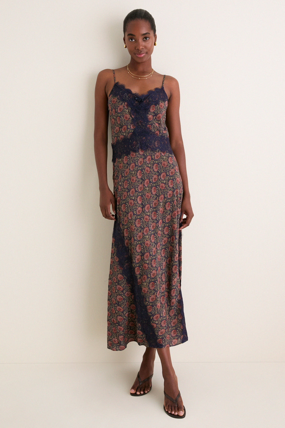 Navy and Rust Chrysanthemum Chintz Francesca Dress