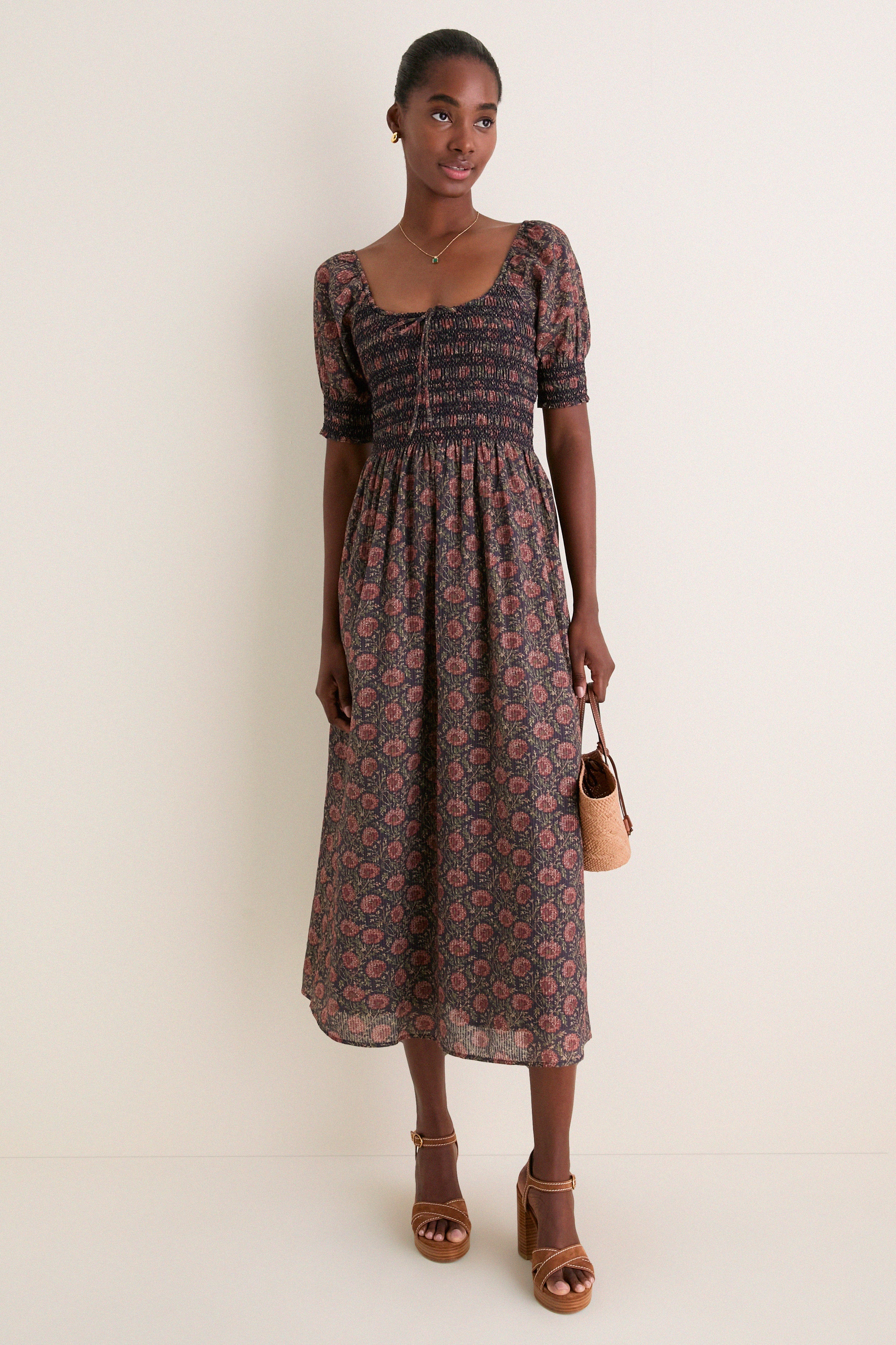 Navy and Rust Chrysanthemum Chintz Madeline Nap Dress