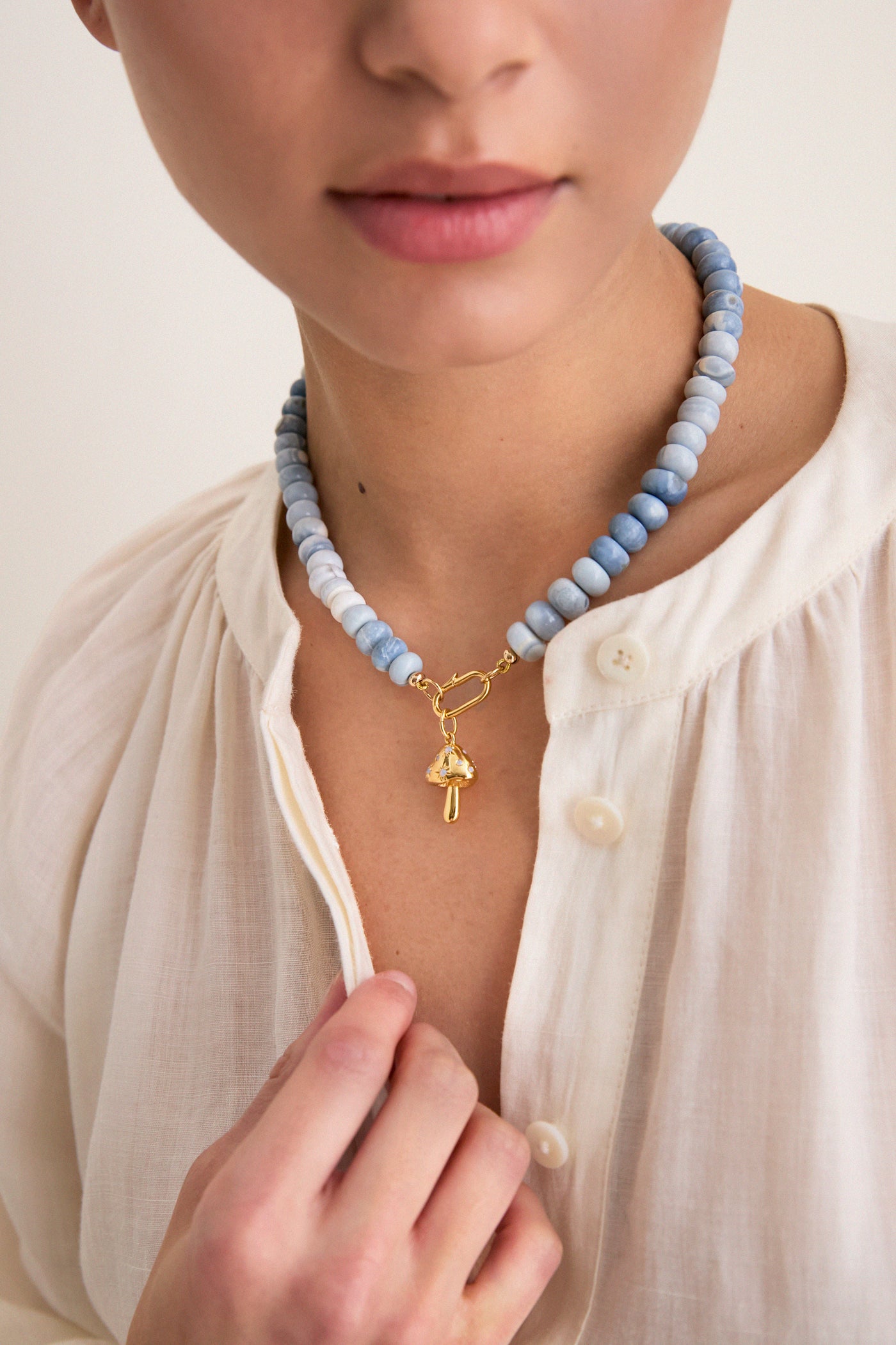 Shaded Blue Opal Gemstone Necklace with Shroomy Charm