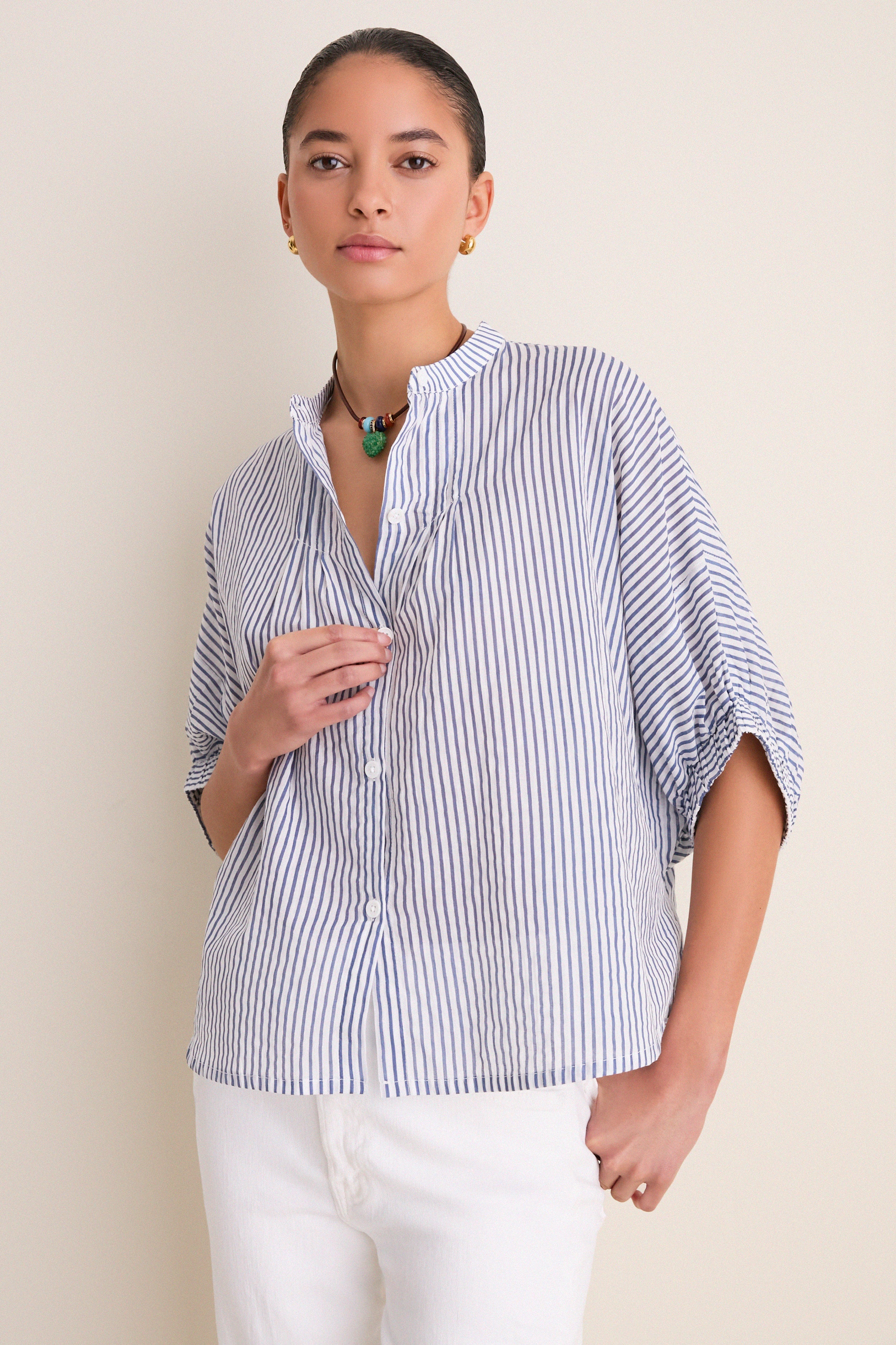 Indigo Stripe Organic Mandarin Collar Top | Love Tomas by Emerson Fry