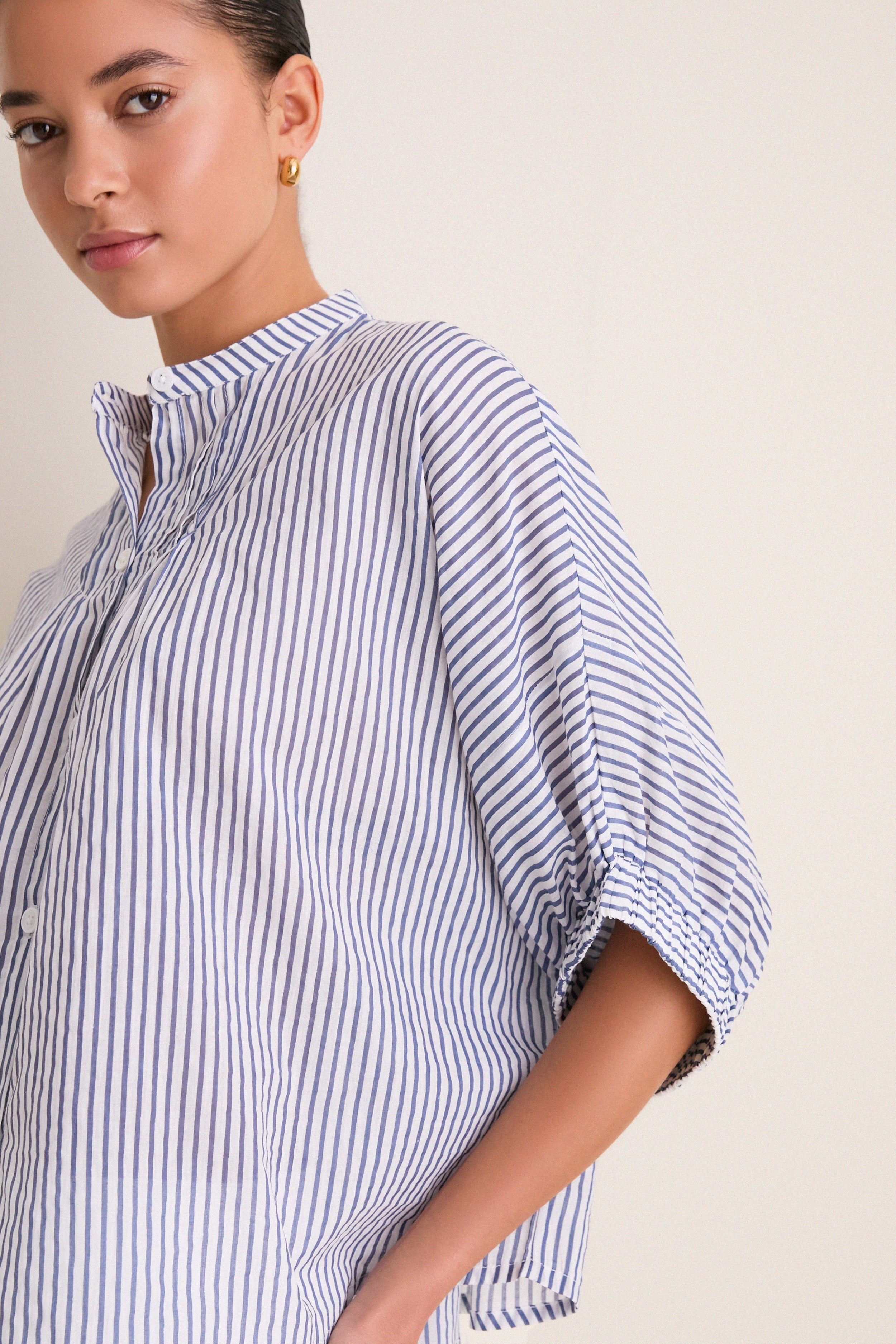 Indigo Stripe Organic Mandarin Collar Top
