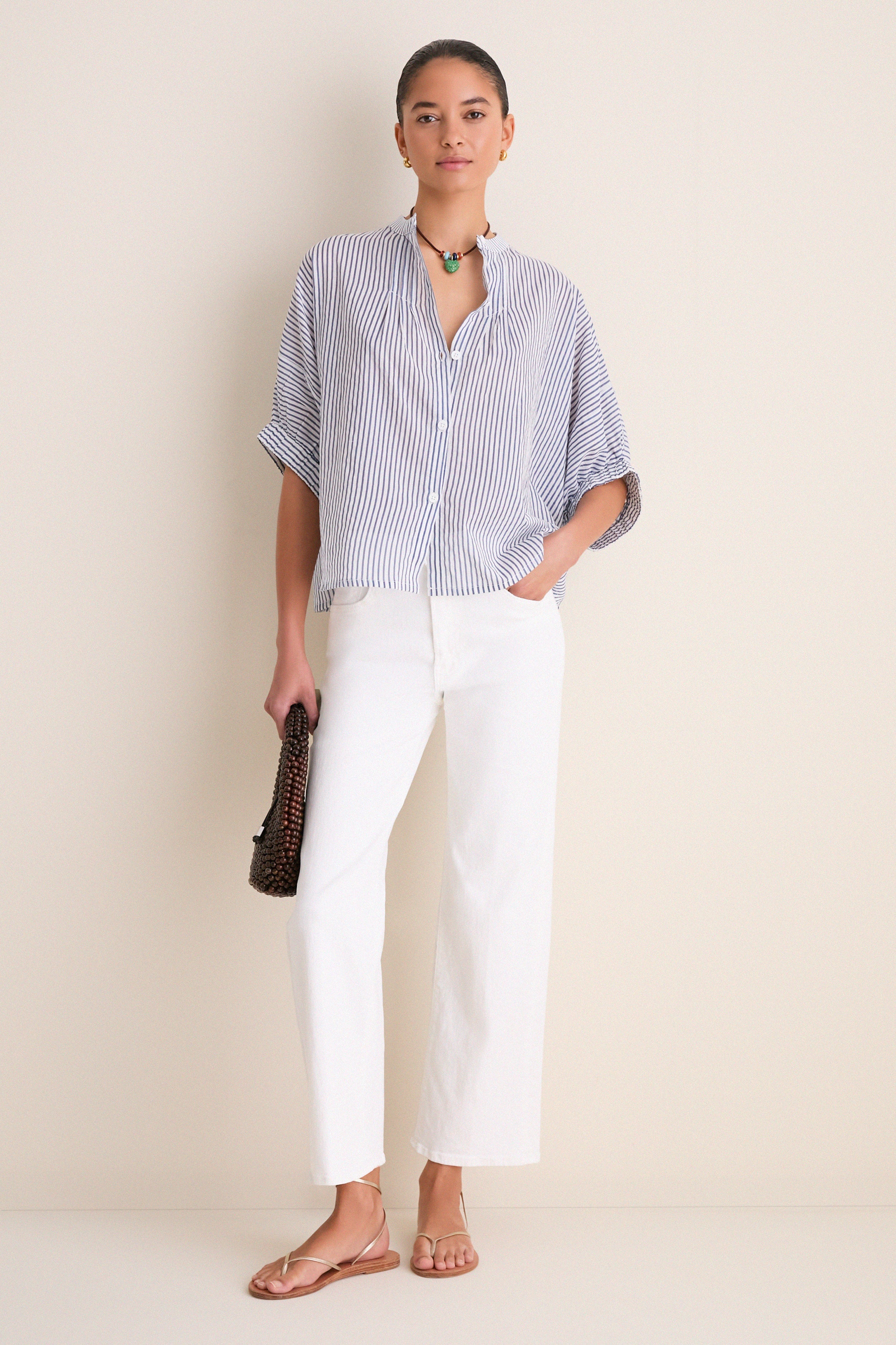 Indigo Stripe Organic Mandarin Collar Top