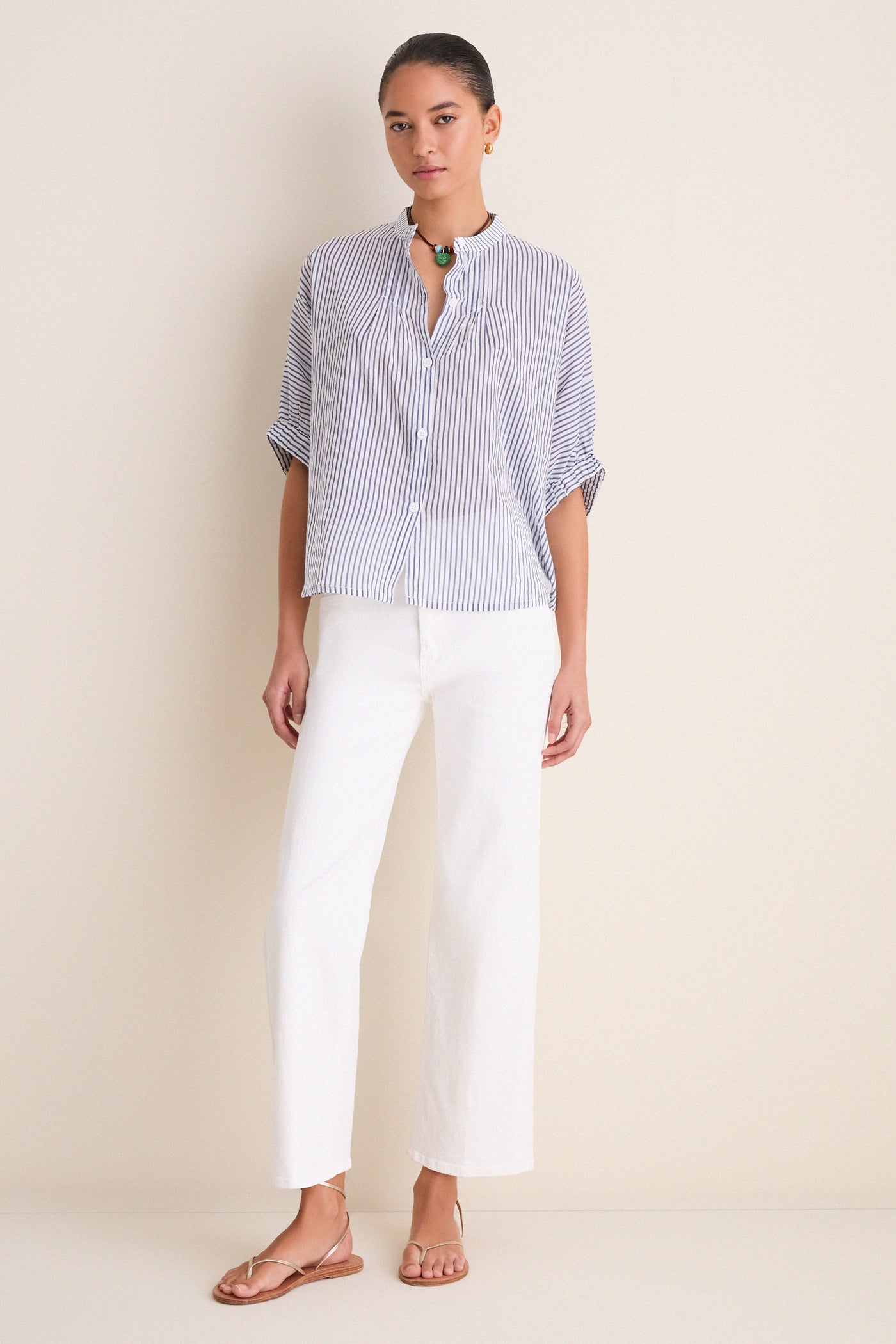 Indigo Stripe Organic Mandarin Collar Top