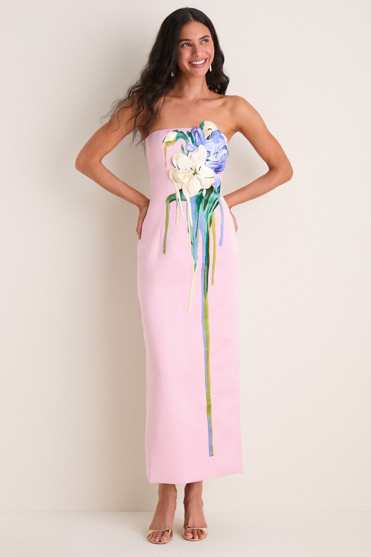 Pastel Pink Bouquet Print Rayna Embroidered Bustier Maxi Dress