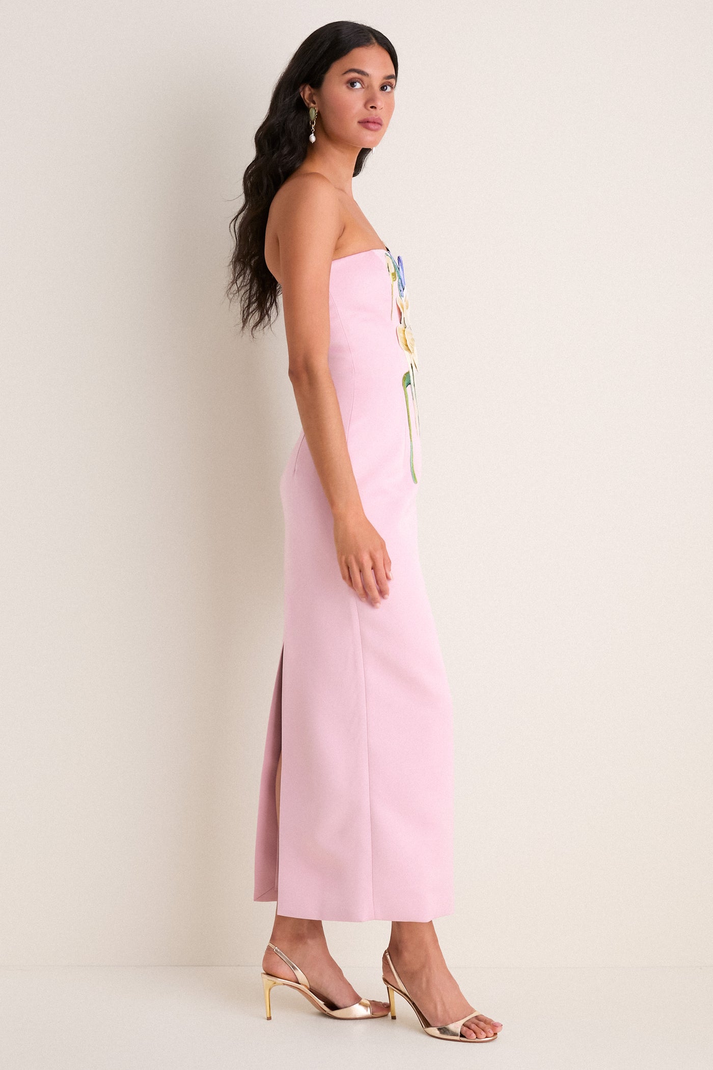 Pastel Pink Bouquet Print Rayna Embroidered Bustier Maxi Dress