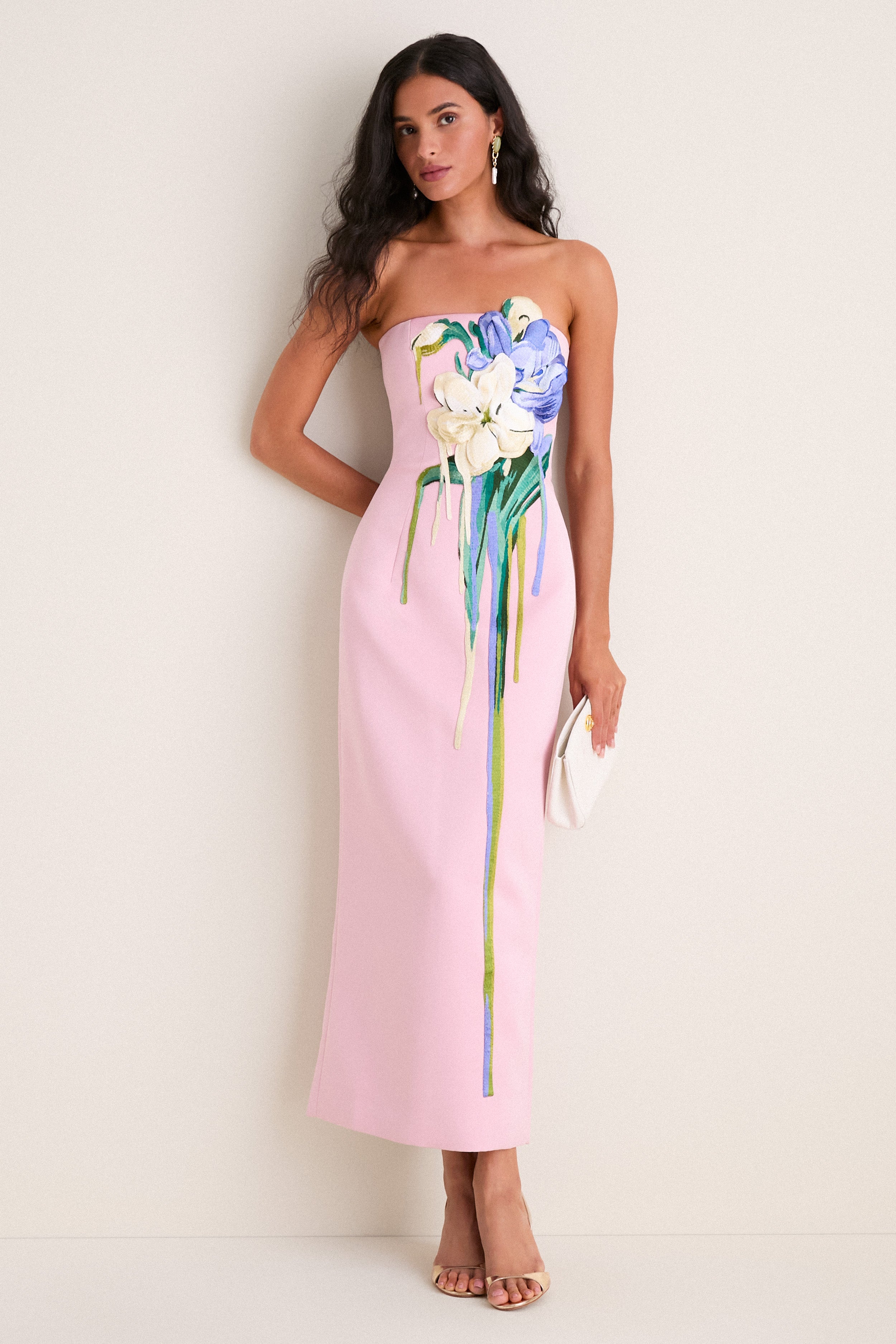 Pastel Pink Bouquet Print Rayna Embroidered Bustier Maxi Dress