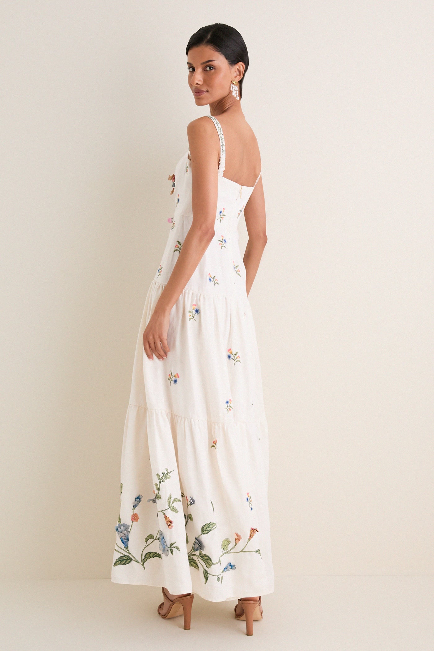 ladies embroidered dress HANDWOVEN LINEN LILAC Embroidered Woven Fabric Round Cut Neckline Dress Lining Measurements Agua by Agua Bendita Brisa
