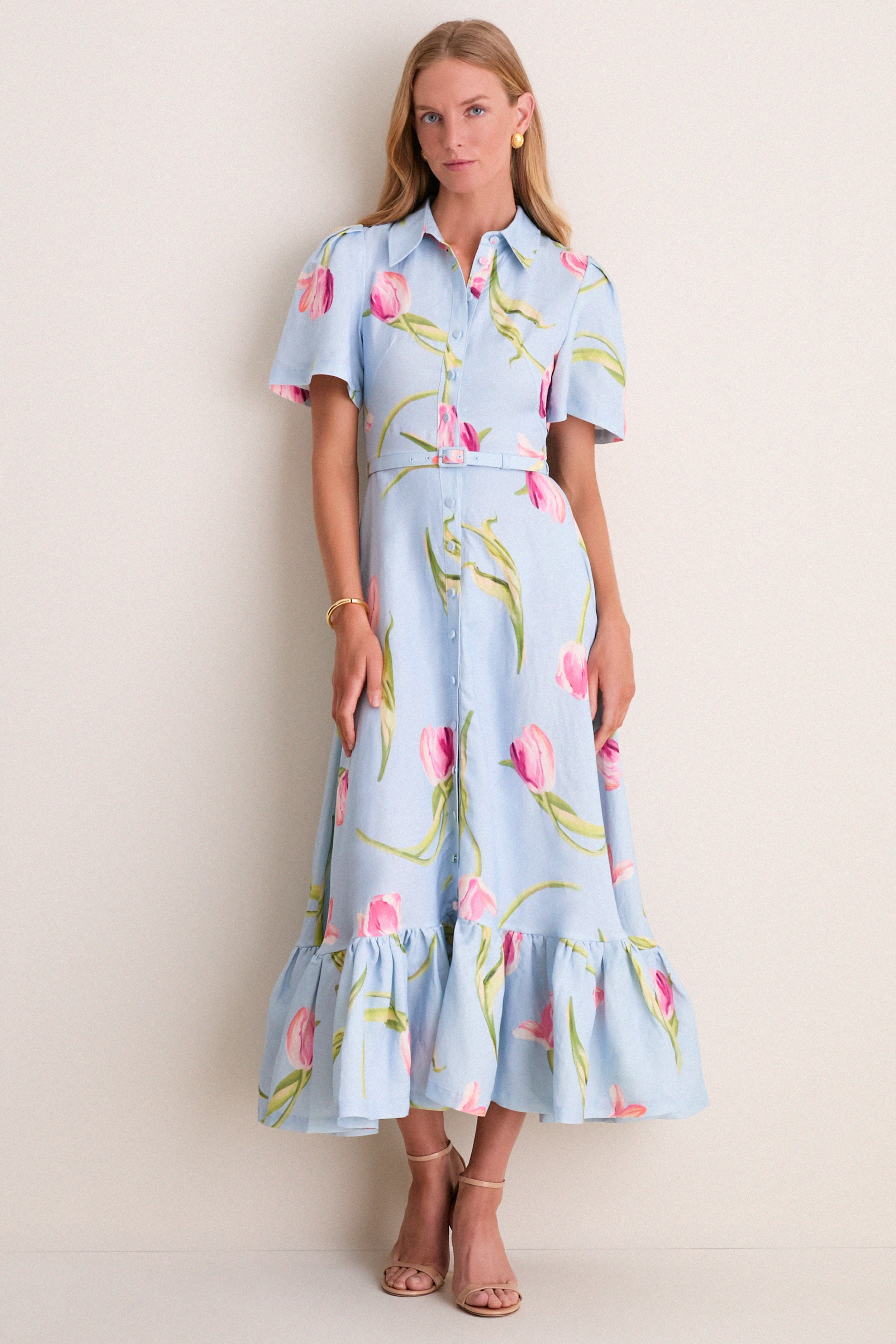Blue Tulipe Print Becca Midi Dress | Leo Lin