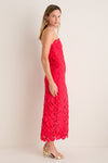 Classic and effortless, the Cherry Red Philomena Midi Dress in floral lace exudes high-end fun, paired with metallic gold sandals and hoop earrings.