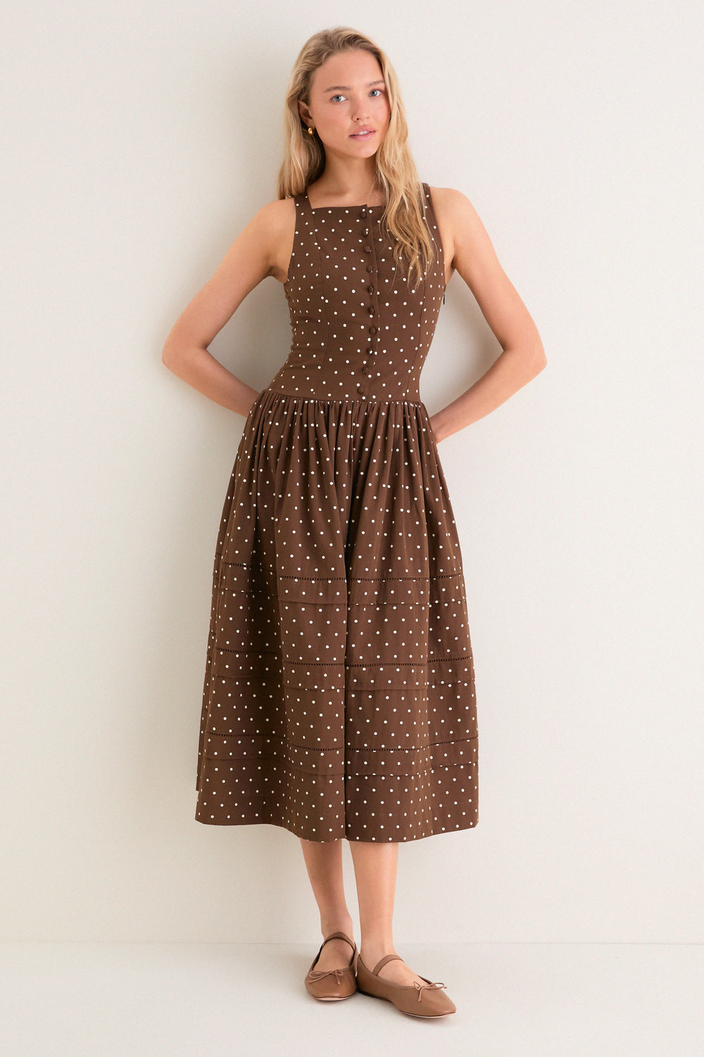 brown polka dot midi dress Brown and Ivory Polka Dot Stella Midi Dress