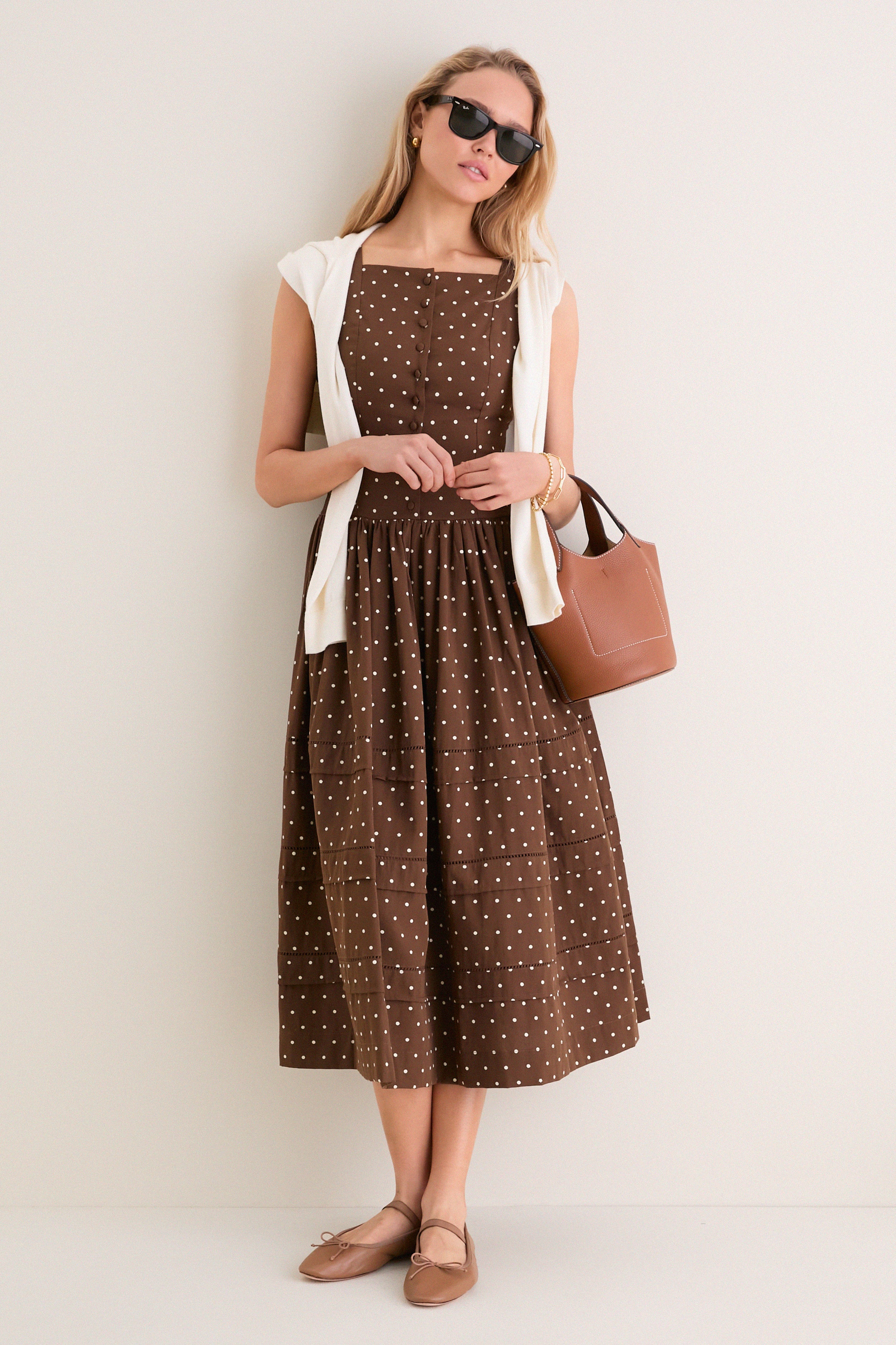 Brown and Ivory Polka Dot Stella Midi Dress