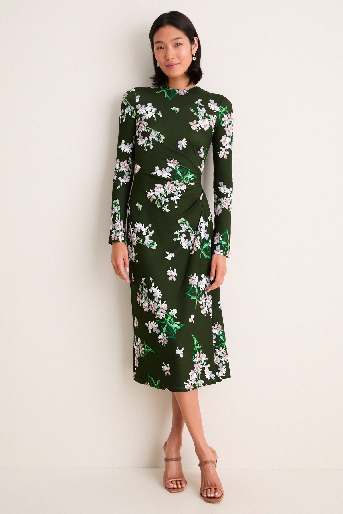 Painted Orchid Forest Green Floral Long Sleeve Midi Dress