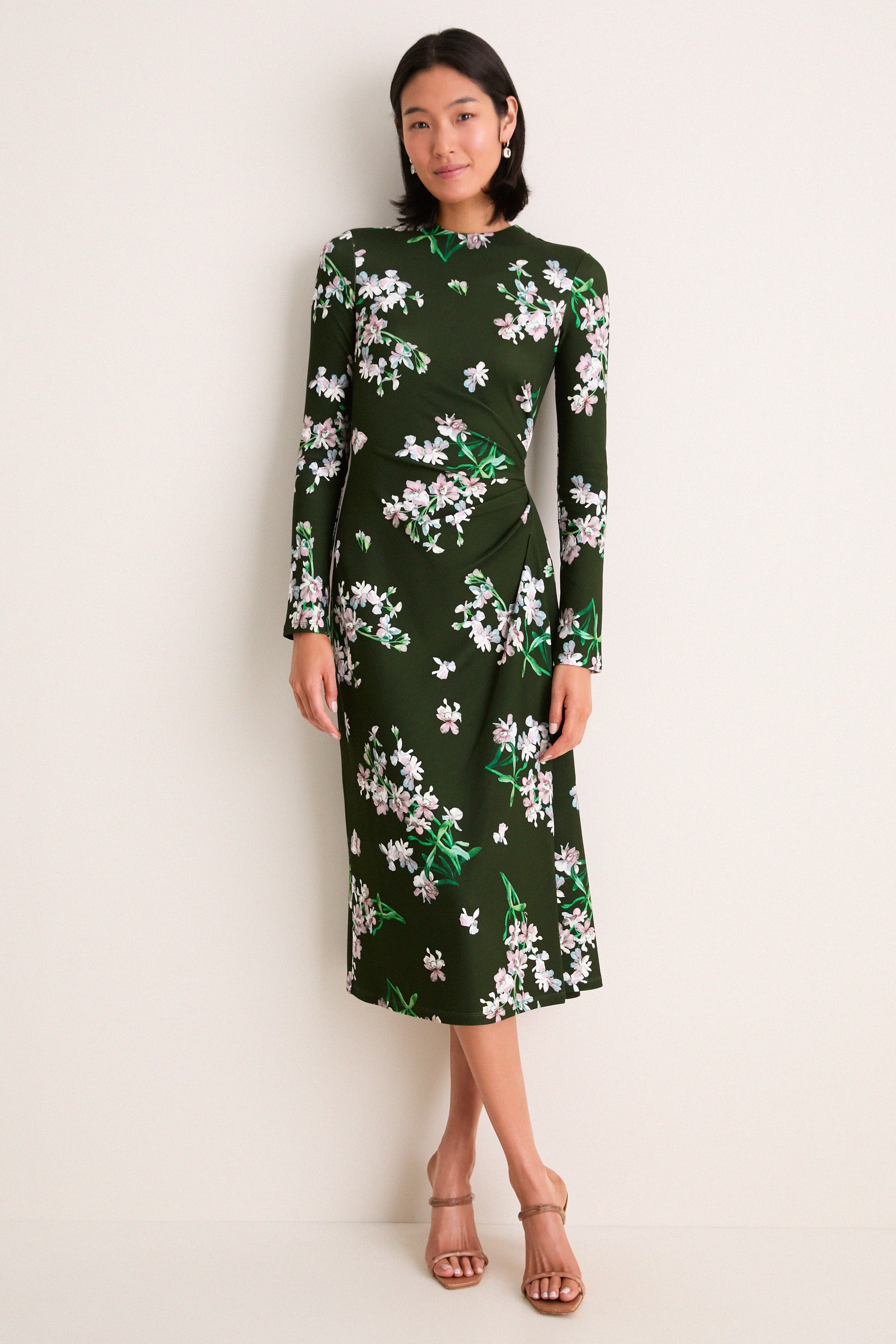 Painted Orchid Forest Green Floral Long Sleeve Midi Dress