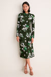 Painted Orchid Forest Green Floral Long Sleeve Midi Dress