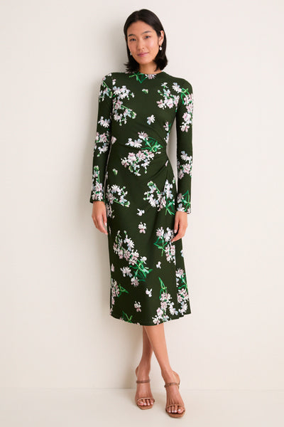 Painted Orchid Forest Green Floral Long Sleeve Midi Dress