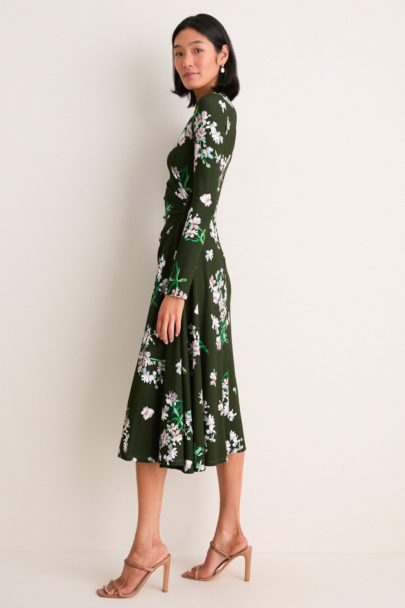 Painted Orchid Forest Green Floral Long Sleeve Midi Dress