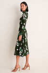 Painted Orchid Forest Green Floral Long Sleeve Midi Dress