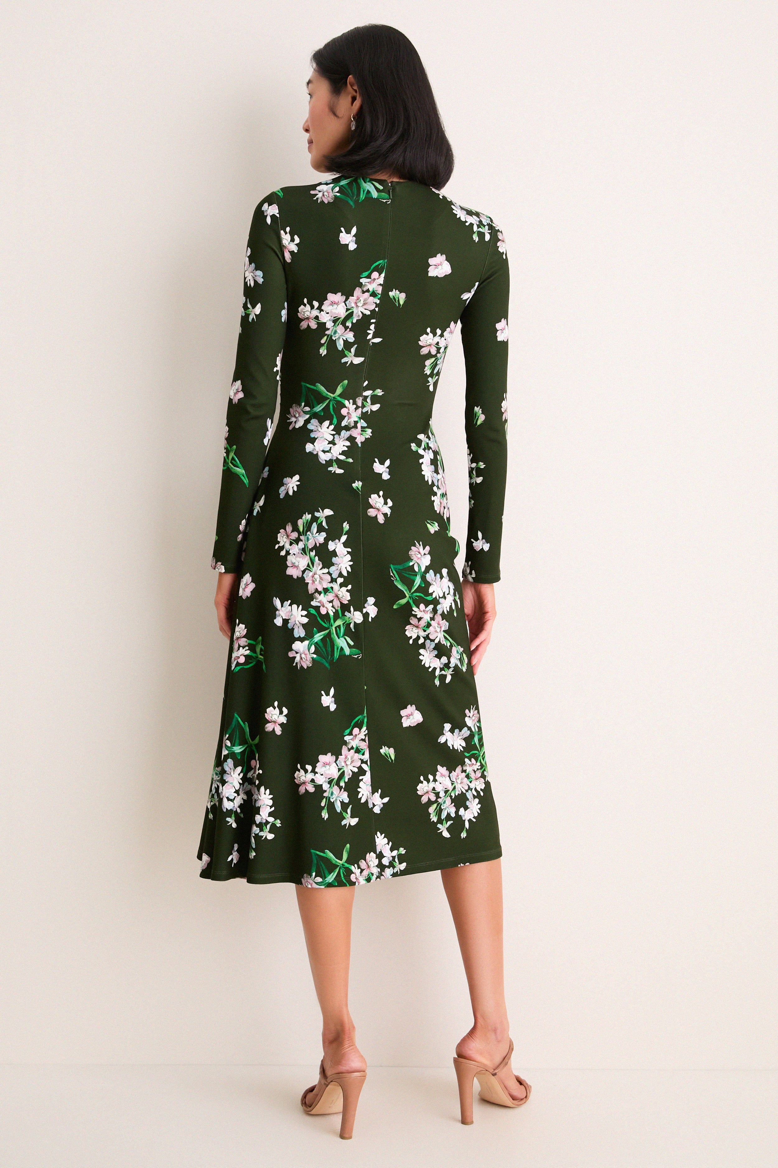 Painted Orchid Forest Green Floral Long Sleeve Midi Dress