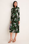 Painted Orchid Forest Green Floral Long Sleeve Midi Dress