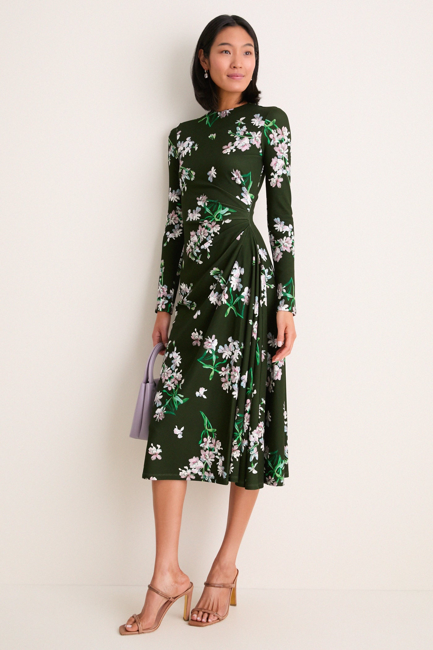 Painted Orchid Forest Green Floral Long Sleeve Midi Dress