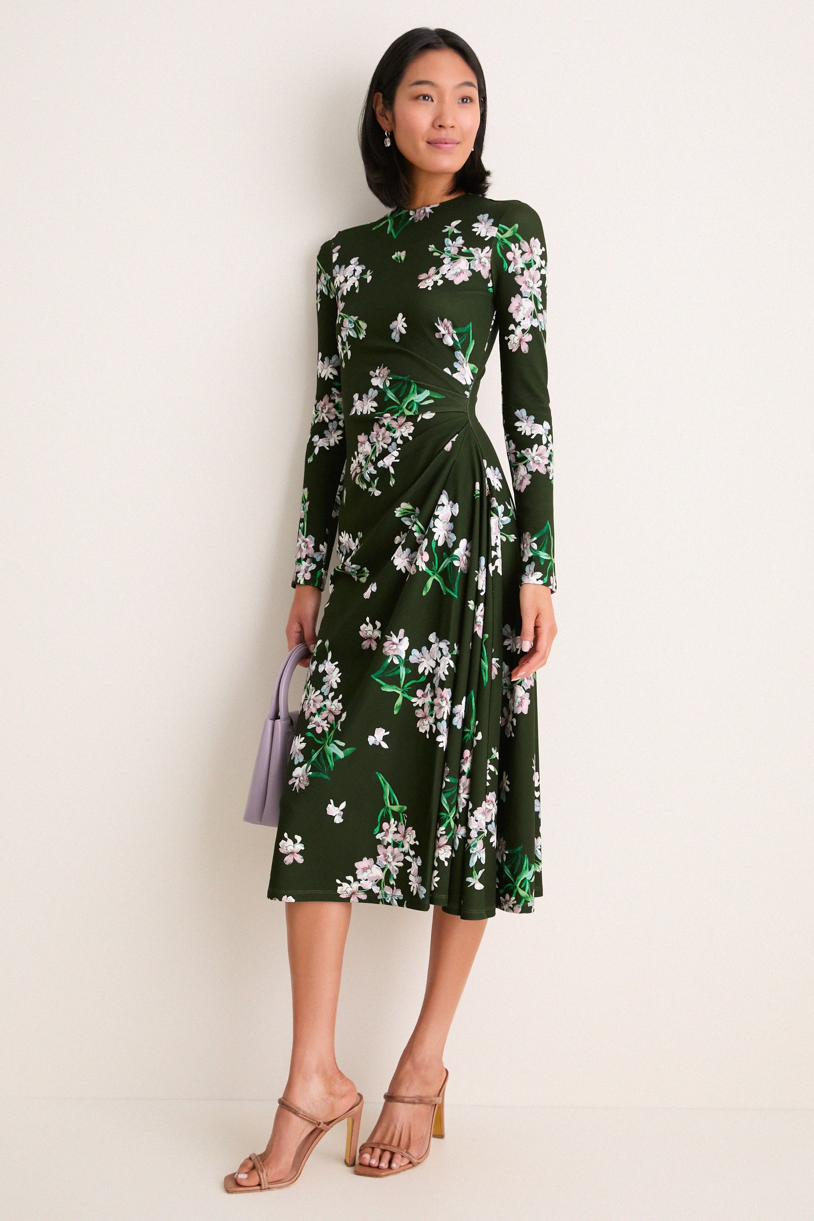 Painted Orchid Forest Green Floral Long Sleeve Midi Dress